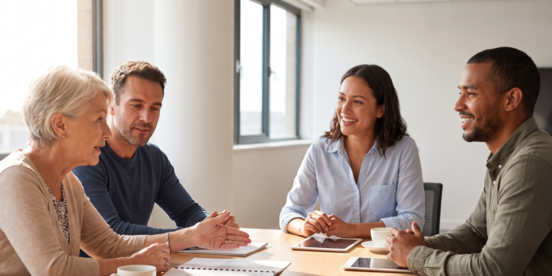 Betriebsrat und Arbeitgeber sitzen an einem Tisch und arbeiten zusammen Betriebsrat und Arbeitgeber sitzen an einem Tisch und arbeiten zusammen