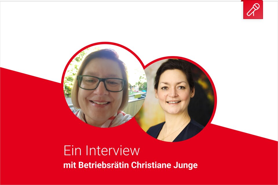 Interview Betriebsrätin rot weißer Hintergrund Interview Betriebsrätin rot weißer Hintergrund