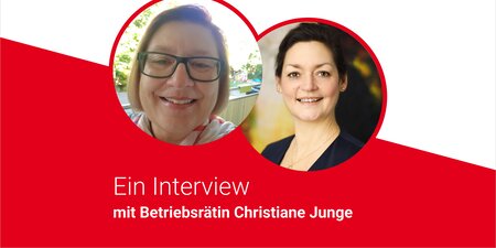 Interview Betriebsrätin rot weißer Hintergrund Interview Betriebsrätin rot weißer Hintergrund