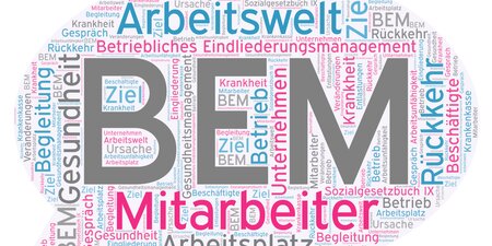 Wortwolke in Sprechblasenform mit Begriffen rund um das Betriebliche Eingliederungsmanagement (BEM) – zentrales Thema ist die Rückkehr erkrankter Mitarbeiter in den Arbeitsalltag. Wortwolke in Sprechblasenform mit Begriffen rund um das Betriebliche Eingliederungsmanagement (BEM) – zentrales Thema ist die Rückkehr erkrankter Mitarbeiter in den Arbeitsalltag.