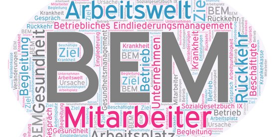 Wortwolke in Sprechblasenform mit Begriffen rund um das Betriebliche Eingliederungsmanagement (BEM) – zentrales Thema ist die Rückkehr erkrankter Mitarbeiter in den Arbeitsalltag.