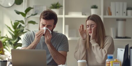 Ein kranker Arbeitnehmer sitzt hustend und niesend am Arbeitsplatz, während sich eine Frau dabei eklet – das Bild veranschaulicht das Problem des Präsentismus und die Bedeutung eines gesunden Arbeitsumfelds. Title: Ein kranker Arbeitnehmer sitzt hustend und niesend am Arbeitsplatz, während sich eine Frau dabei eklet – das Bild veranschaulicht das Problem des Präsentismus und die Bedeutung eines gesunden Arbeitsumfelds. Title: