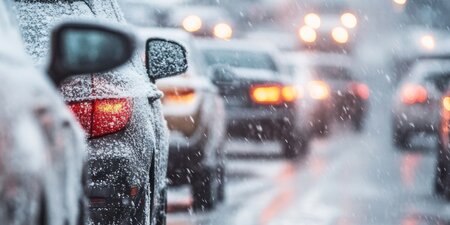 Arbeitsweg bei Schnee und Glätte: Autos im Stau bei winterlicher Witterung