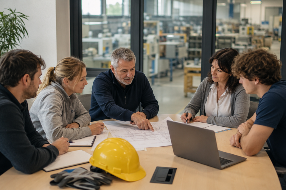 Arbeitsschutzgremium bespricht einen Grundriss in einem modernen Büro neben einer Produktionshalle. Arbeitsschutzgremium bespricht einen Grundriss in einem modernen Büro neben einer Produktionshalle.