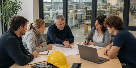 Arbeitsschutzgremium bespricht einen Grundriss in einem modernen Büro neben einer Produktionshalle. Arbeitsschutzgremium bespricht einen Grundriss in einem modernen Büro neben einer Produktionshalle.