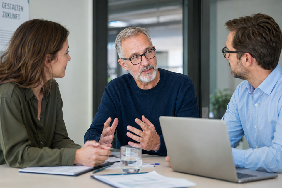 Ältere Fachkraft im Gespräch mit Betriebsrat und Personalabteilung in einem modernen Büro.