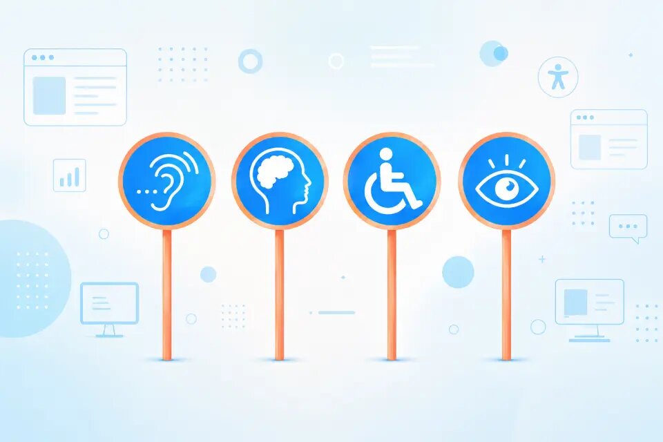 Illustration zu digitaler Barrierefreiheit: Vier blaue Symbole auf Schildern zeigen Hören, kognitive Einschränkungen, Mobilität im Rollstuhl und Sehen. Im Hintergrund sind digitale Symbole wie Bildschirme zu sehen. Illustration zu digitaler Barrierefreiheit: Vier blaue Symbole auf Schildern zeigen Hören, kognitive Einschränkungen, Mobilität im Rollstuhl und Sehen. Im Hintergrund sind digitale Symbole wie Bildschirme zu sehen.