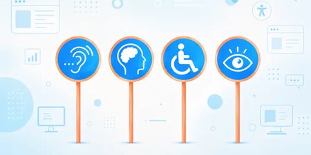 Illustration zu digitaler Barrierefreiheit: Vier blaue Symbole auf Schildern zeigen Hören, kognitive Einschränkungen, Mobilität im Rollstuhl und Sehen. Im Hintergrund sind digitale Symbole wie Bildschirme zu sehen. Illustration zu digitaler Barrierefreiheit: Vier blaue Symbole auf Schildern zeigen Hören, kognitive Einschränkungen, Mobilität im Rollstuhl und Sehen. Im Hintergrund sind digitale Symbole wie Bildschirme zu sehen.