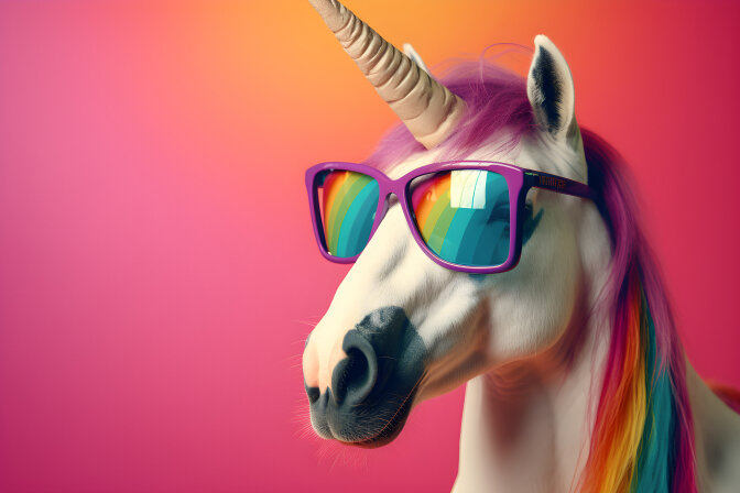 Ein weißes Einhorn mit Regenbogenmähne und Sonnenbrille mit Regenbogenreflexionen steht vor einem pinken Hintergrund – das Bild symbolisiert die bunte, einzigartige und starke Rolle der JAV im Unternehmen.