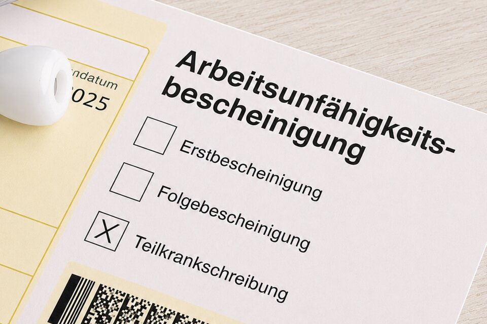 Gedruckte Arbeitsunfähigkeitsbescheinigung mit Kreuz bei Teilkrankschreibung Gedruckte Arbeitsunfähigkeitsbescheinigung mit Kreuz bei Teilkrankschreibung
