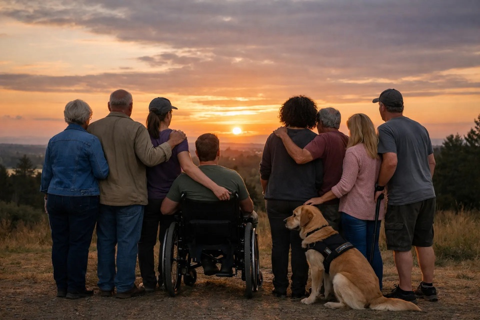 Rückansicht einer Gruppe Menschen mit und ohne sichtbare Behinderungen, die nebeneinander und auf einen Sonnenuntergang blicken.