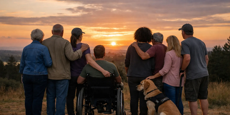 Rückansicht einer Gruppe Menschen mit und ohne sichtbare Behinderungen, die nebeneinander und auf einen Sonnenuntergang blicken. Rückansicht einer Gruppe Menschen mit und ohne sichtbare Behinderungen, die nebeneinander und auf einen Sonnenuntergang blicken.