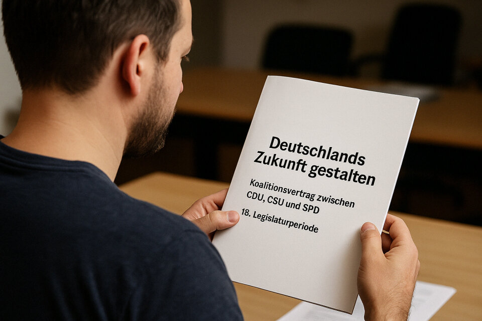 Mann hält Koalitionsvertrag in Händen Mann hält Koalitionsvertrag in Händen
