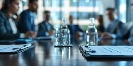 Versammlung von Geschäftsleuten mit Dokumenten auf dem Tisch – Symbol für die konstituierende Sitzung des Betriebsrats. Versammlung von Geschäftsleuten mit Dokumenten auf dem Tisch – Symbol für die konstituierende Sitzung des Betriebsrats.