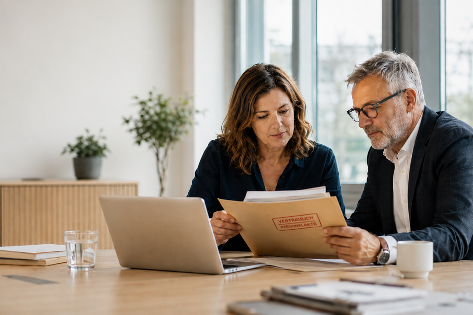 Betriebsrat und Datenschutz: zwei Betriebsratsmitglieder prüfen im Büro gemeinsam eine als vertraulich gekennzeichnete Personalakte Betriebsrat und Datenschutz: zwei Betriebsratsmitglieder prüfen im Büro gemeinsam eine als vertraulich gekennzeichnete Personalakte