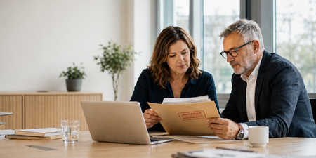 Betriebsrat und Datenschutz: zwei Betriebsratsmitglieder prüfen im Büro gemeinsam eine als vertraulich gekennzeichnete Personalakte Betriebsrat und Datenschutz: zwei Betriebsratsmitglieder prüfen im Büro gemeinsam eine als vertraulich gekennzeichnete Personalakte