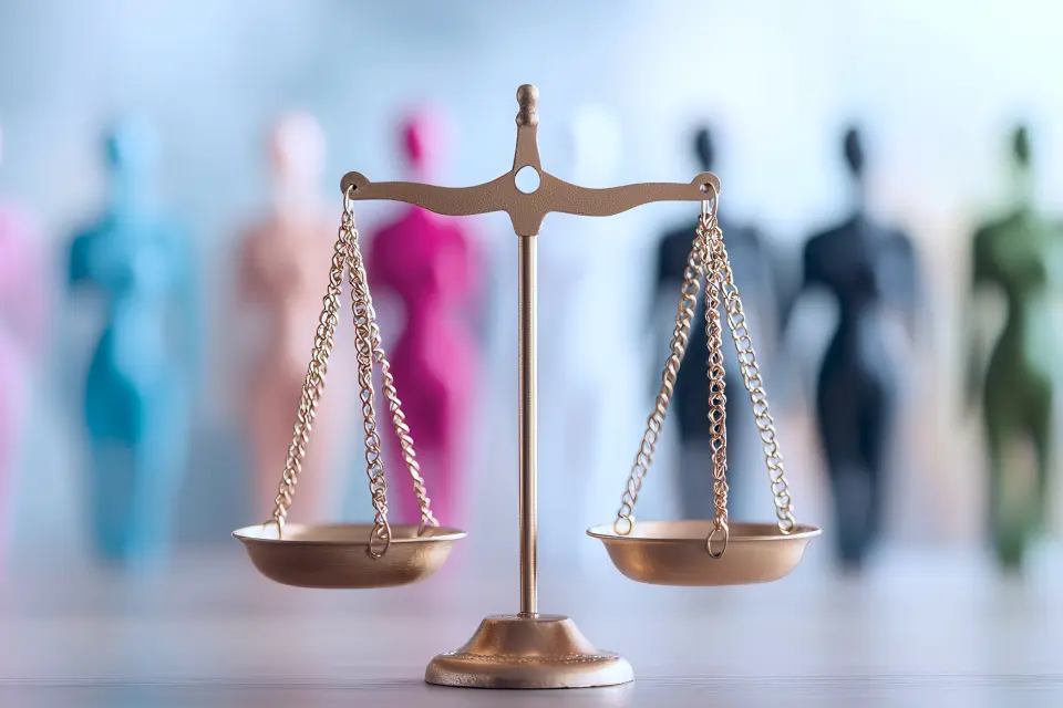 Waage des Rechts vor unscharfen Silhouetten – Symbol für aktives und passives Wahlrecht bei der Betriebsratswahl. Waage des Rechts vor unscharfen Silhouetten – Symbol für aktives und passives Wahlrecht bei der Betriebsratswahl.